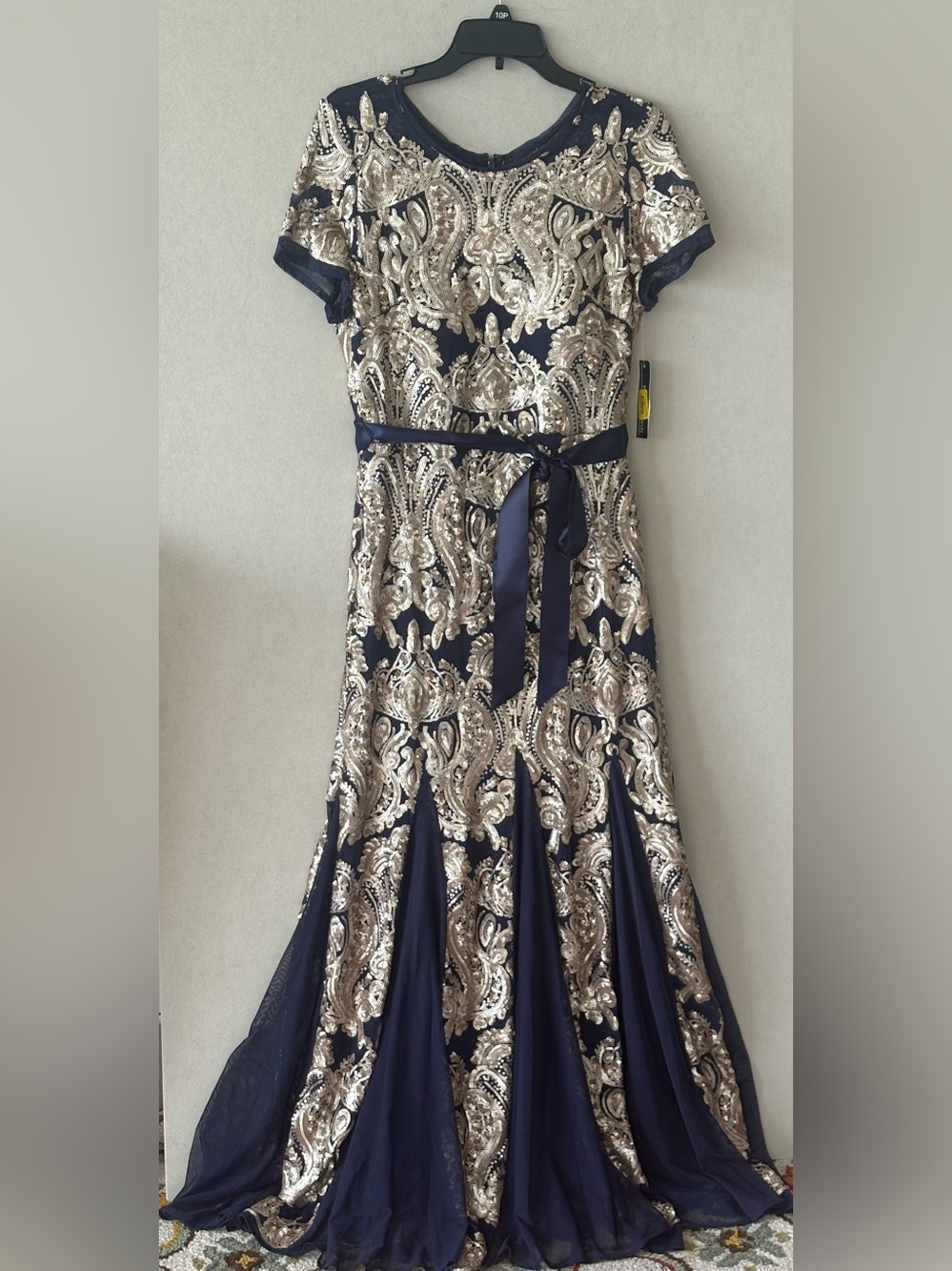 R & M Richards Navy and Gold Sequin Gown with Sash